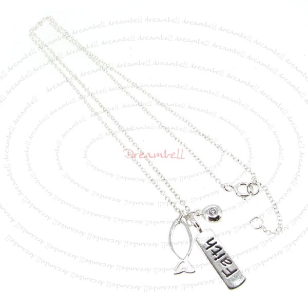 Sterling Silver Faith and Fish Charm Pendant CZ Crystal Cable Chain Necklace 17" Spring Clasp with Extender