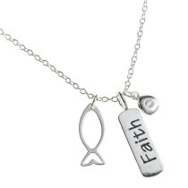 Sterling Silver Faith and Fish Charm Pendant CZ Crystal Cable Chain Necklace 17" Spring Clasp with Extender