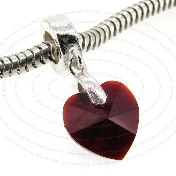 1x Sterling Silver Birthstone January Garnet Heart Crystal Dangle Bead for European Charm Bracelets Using Swarovski Elements Crystal