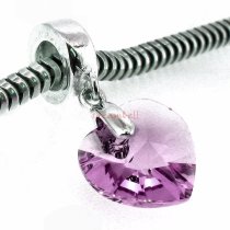 Sterling Silver Birthstone February Amethyst Heart Dangle Bead for European Charm Bracelets Using Swarovski Elements Crystal