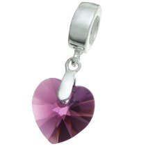 Sterling Silver Birthstone February Amethyst Heart Dangle Bead for European Charm Bracelets Using Swarovski Elements Crystal