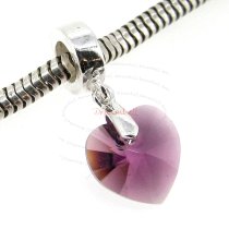 Sterling Silver Birthstone February Amethyst Heart Dangle Bead for European Charm Bracelets Using Swarovski Elements Crystal