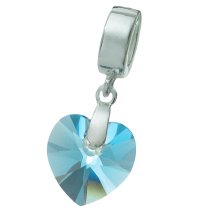 Sterling Silver Birthstone March Aquamarine Heart Dangle Bead for European Charm Bracelets Using Swarovski Elements Crystal