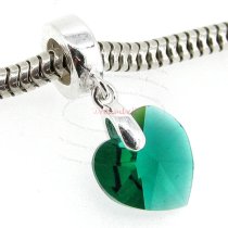 Sterling Silver Birthstone May Emerald Heart Dangle Bead for European Charm Bracelets Using Swarovski Elements Crystal