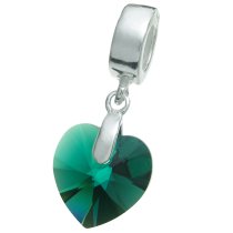 Sterling Silver Birthstone May Emerald Heart Dangle Bead for European Charm Bracelets Using Swarovski Elements Crystal
