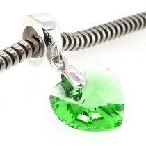 Sterling Silver Birthstone August Peridot Heart Dangle Bead for European Charm Bracelets Using Swarovski Elements Crystal