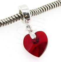 Sterling Silver Birthstone July Siam Ruby Heart Dangle Bead for European Charm Bracelets Using Swarovski Elements Crystal