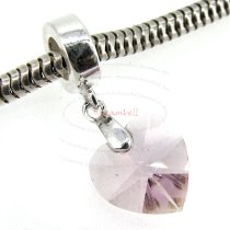 Sterling Silver Birthstone June Light Amethyst Heart Dangle Bead for European Charm Bracelets Using Swarovski Elements Crystal
