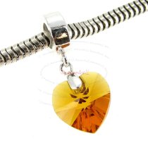 Sterling Silver Birthstone November Topaz Heart Dangle Bead for European Charm Bracelets Using Swarovski Elements Crystal