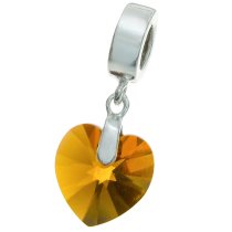 Sterling Silver Birthstone November Topaz Heart Dangle Bead for European Charm Bracelets Using Swarovski Elements Crystal