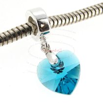 Sterling Silver Birthstone December Blue Zircon Heart Dangle Bead for European Charm Bracelets Using Swarovski Elements Crystal