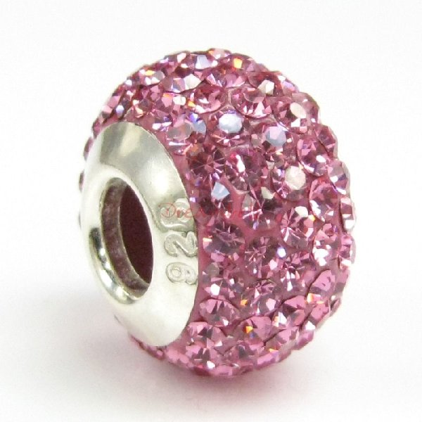 Sterling Silver Birthstone Pink Round CZ Crystal for European Charm Bracelets October