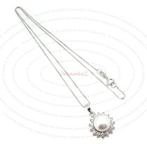 Rhodium Sterling Silver White Freshwater Pearl Flower Clear CZ Pendant 16″ Box Chain Necklace