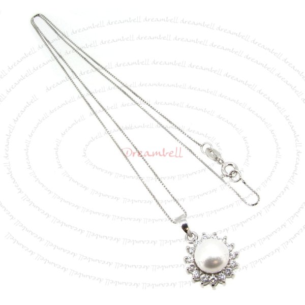 Rhodium Sterling Silver White Freshwater Pearl Flower Clear CZ Pendant 16" Box Chain Necklace
