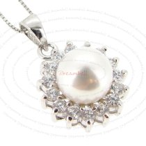 Rhodium Sterling Silver White Freshwater Pearl Flower Clear CZ Pendant 16" Box Chain Necklace