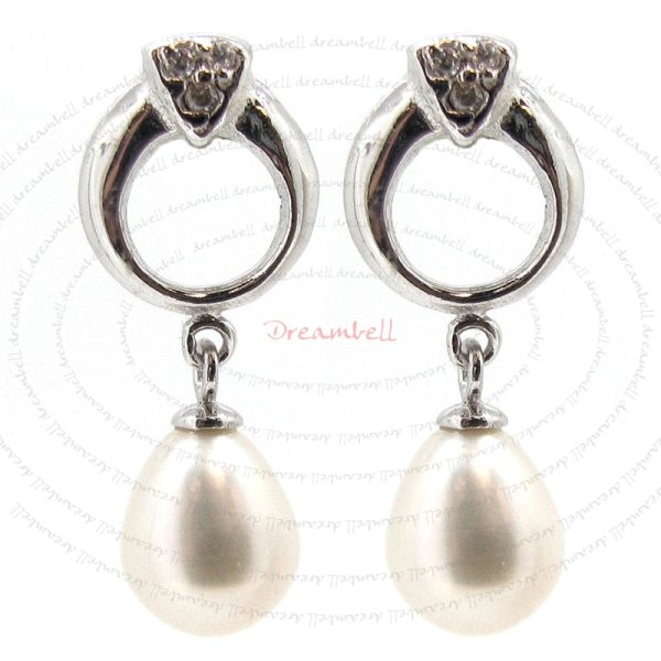 2x Rhodium Sterling Silver Genuine 7mm White Freshwater Pearl Clear CZ Crystal Dangle Stud Earring Post