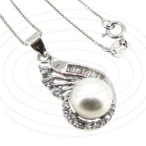 Rhodium Sterling Silver White Freshwater Pearl Flower CZ Crystal Pendant Box Chain Necklace 16"