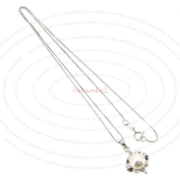 Rhodium Sterling Silver White Freshwater Pearl Oyster CZ Crystal Pendant Box Chain Necklace 18"
