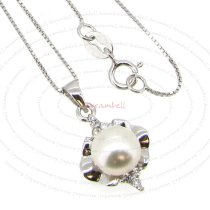 Rhodium Sterling Silver White Freshwater Pearl Oyster CZ Crystal Pendant Box Chain Necklace 18"