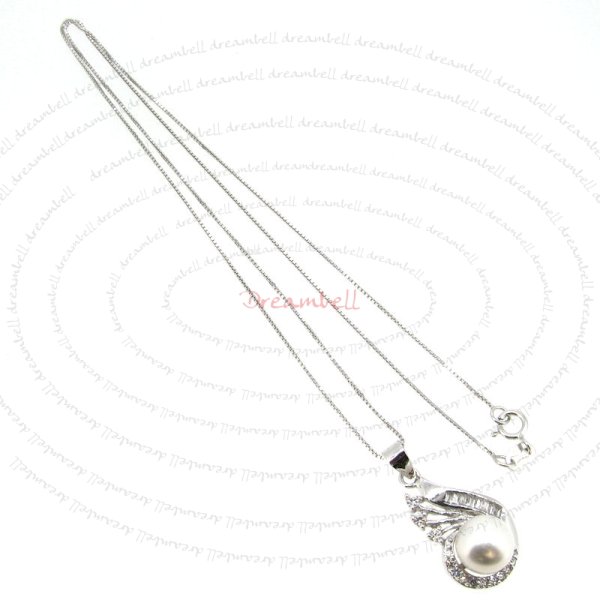 Rhodium Sterling Silver White Freshwater Pearl Flower CZ Crystal Pendant Box Chain Necklace 18"