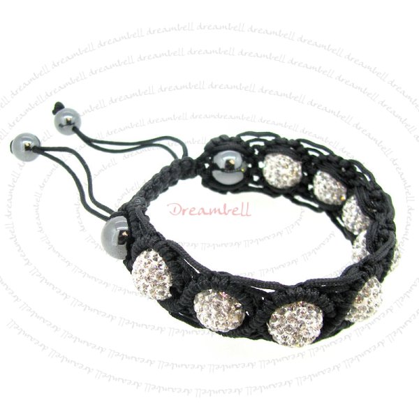 Black Macrame Knotted Shamballa Clear CZ Crystal Hematite Ball Bead Adjustable Wristband Bracelet 7"