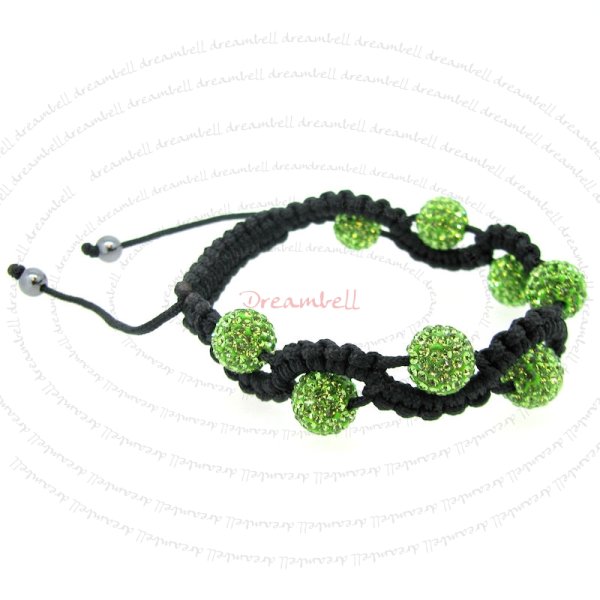 Black Macrame Knotted Shamballa Green Peridot CZ Crystal Hematite Ball Bead Adjustable Wristband Bracelet 8"