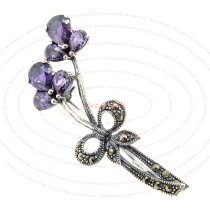 Sterling Silver Flower Ribbon Purple / Amethyst Marcasite Brooch with Safety Pin 50mm