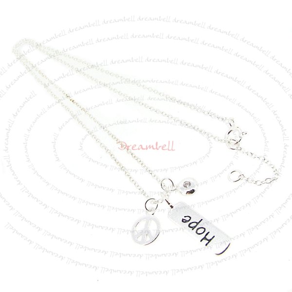 Sterling Silver .925 Hope Peace CZ Pendant Cable Chain Charm Necklace 16", 17"