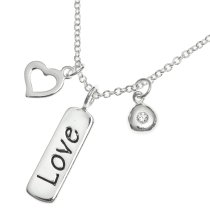 Sterling Silver .925 Love Heart CZ Pendant Cable Chain Charm Necklace 16", 17"