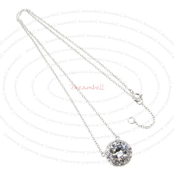 Rhodium Sterling Silver Round CZ Pendant Link Chain Necklace with Extender Spring Clasp 17''