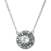 Rhodium Sterling Silver Round CZ Pendant Link Chain Necklace with Extender Spring Clasp 17''