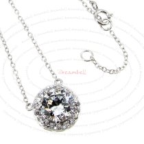 Rhodium Sterling Silver Round CZ Pendant Link Chain Necklace with Extender Spring Clasp 17''