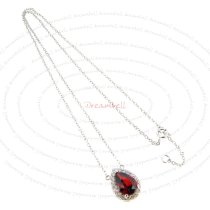 Rhodium Sterling Silver Garnet Teardrop Crystal CZ Pendant Link Chain Necklace with Extender Spring Clasp 17''