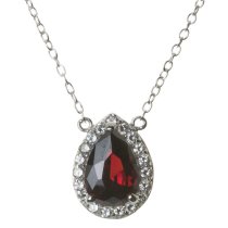 Rhodium Sterling Silver Garnet Teardrop Crystal CZ Pendant Link Chain Necklace with Extender Spring Clasp 17''