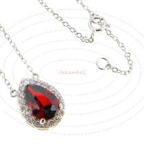 Rhodium Sterling Silver Garnet Teardrop Crystal CZ Pendant Link Chain Necklace with Extender Spring Clasp 17''