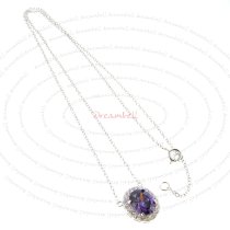 Rhodium Sterling Silver Oval Amethyst Crystal CZ Pendant Link Chain Necklace with Extender Spring Clasp 17''