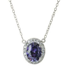 Rhodium Sterling Silver Oval Amethyst Crystal CZ Pendant Link Chain Necklace with Extender Spring Clasp 17''