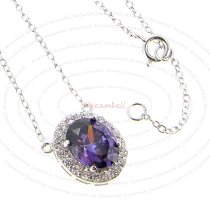 Rhodium Sterling Silver Oval Amethyst Crystal CZ Pendant Link Chain Necklace with Extender Spring Clasp 17''