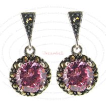 2x Sterling Silver Marcasite Round Rose Pink CZ Crystal Charm Dangle Stud Earring Post