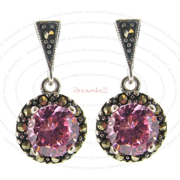 2x Sterling Silver Marcasite Round Rose Pink CZ Crystal Charm Dangle Stud Earring Post