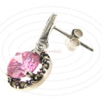 2x Sterling Silver Marcasite Round Rose Pink CZ Crystal Charm Dangle Stud Earring Post