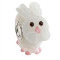 Sterling Silver Round Rabbit White Glass Bead for European Charm Bracelets