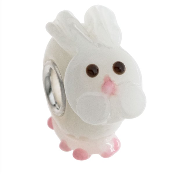 Sterling Silver Round Rabbit White Glass Bead for European Charm Bracelets