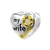 14k Gold 925 Sterling Silver Heart My Wife Crystal for European Charm Bracelets