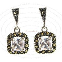 2x Sterling Silver Marcasite Clear CZ Crystal Square Charm Dangle Stud Earring Post