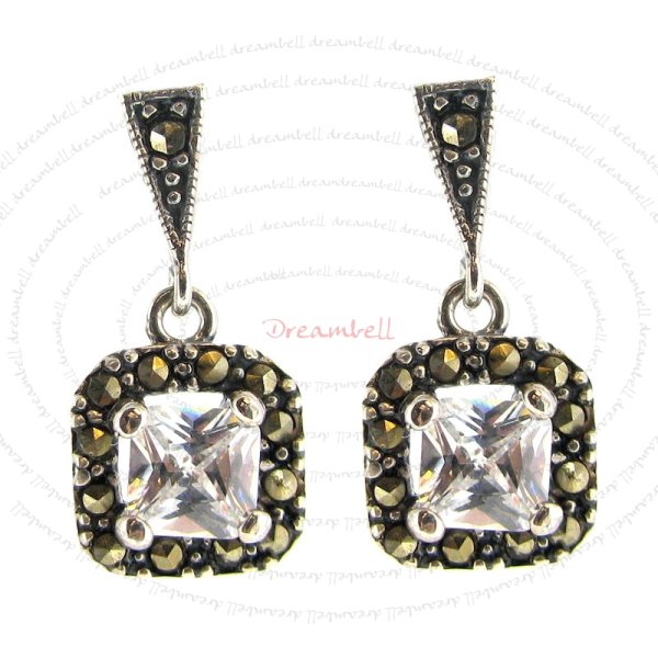 2x Sterling Silver Marcasite Clear CZ Crystal Square Charm Dangle Stud Earring Post