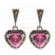 2x Sterling Silver Marcasite Love Heart Pink CZ Crystal Charm Dangle Stud Earring Post