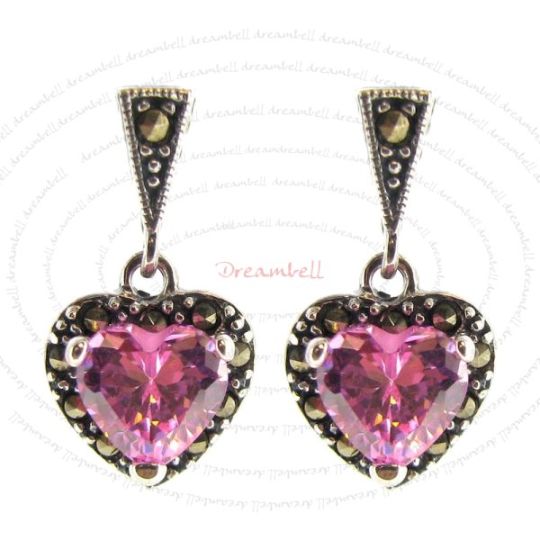 2x Sterling Silver Marcasite Love Heart Pink CZ Crystal Charm Dangle Stud Earring Post