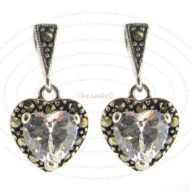 2x Sterling Silver Marcasite Heart Clear CZ Crystal Charm Dangle Stud Earring Post