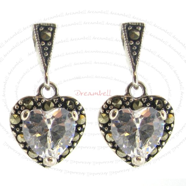 2x Sterling Silver Marcasite Heart Clear CZ Crystal Charm Dangle Stud Earring Post